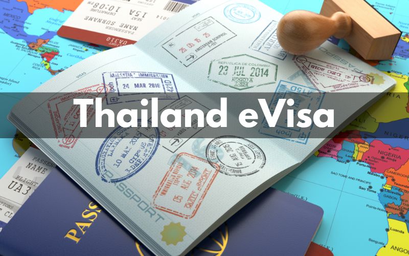 Passport with a stamp and "Thailand E-Visa" written on it.